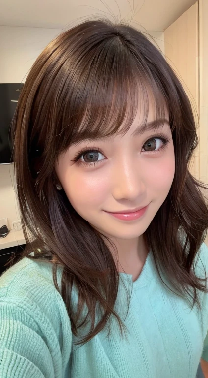 ((Selfie 1.6))((smile1.6))、the front、close - up face、Wavy Hair⦅Looking at the camera⦆A dark-haired、With bangs、Best Quality, masuter piece, 超A high resolution, (Photorealistic:1.4), Raw photo, high-level image quality, high-detail, masterpiece、a 18 year old girl、In the apartment