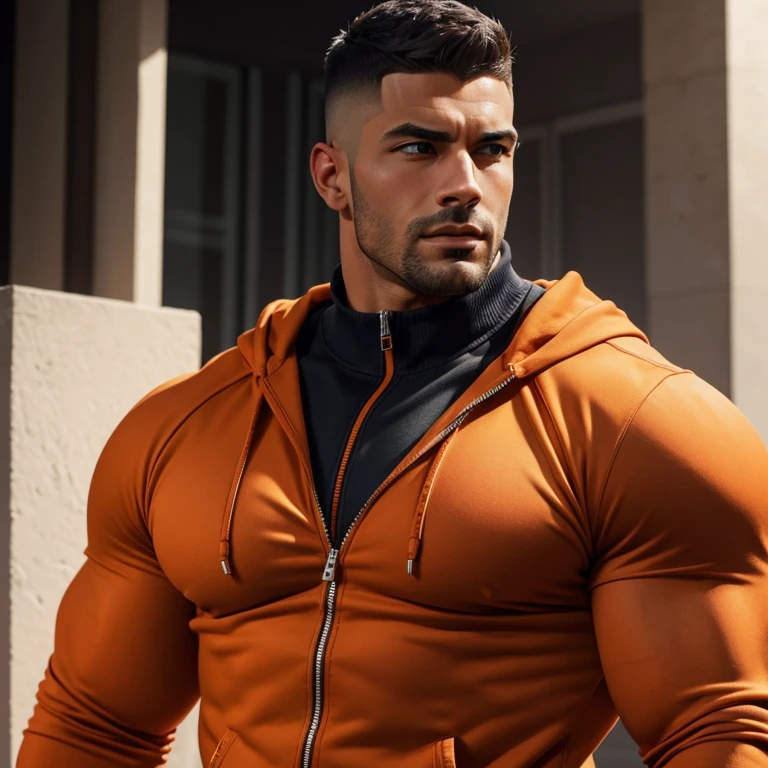 a very handsome, robust man with Mid fade haircut, massively muscular, with massively big muscles, with massively big and muscular bodies, wearing an orange zip-up sweatshirt, seen from very close up