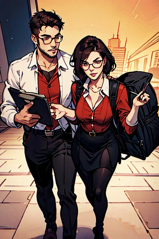 hot guy wearing and back pack talking to a hot teacher wearing glasses with dark hair, wearing a red buttoned shirt and a skirt with black stockings in class