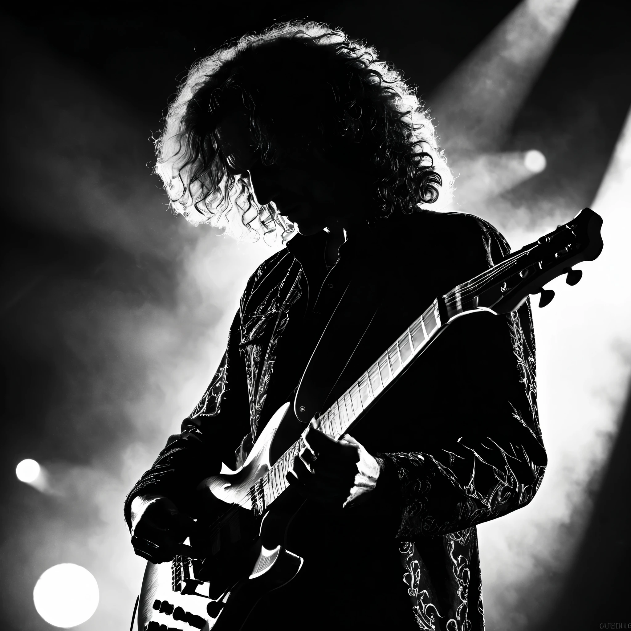 Illustration of guitarist, silhouette of male guitarist in his 50s, long hair, perm, backlit by intense lighting behind the stage, on a huge outdoor stage, very thick brush, Edge: 1.5, dark fantasy, light and shadow, black and white, contrast, high detail, intricate detailed, BREAK Smoke: 1.6, backlit, artistic smoke