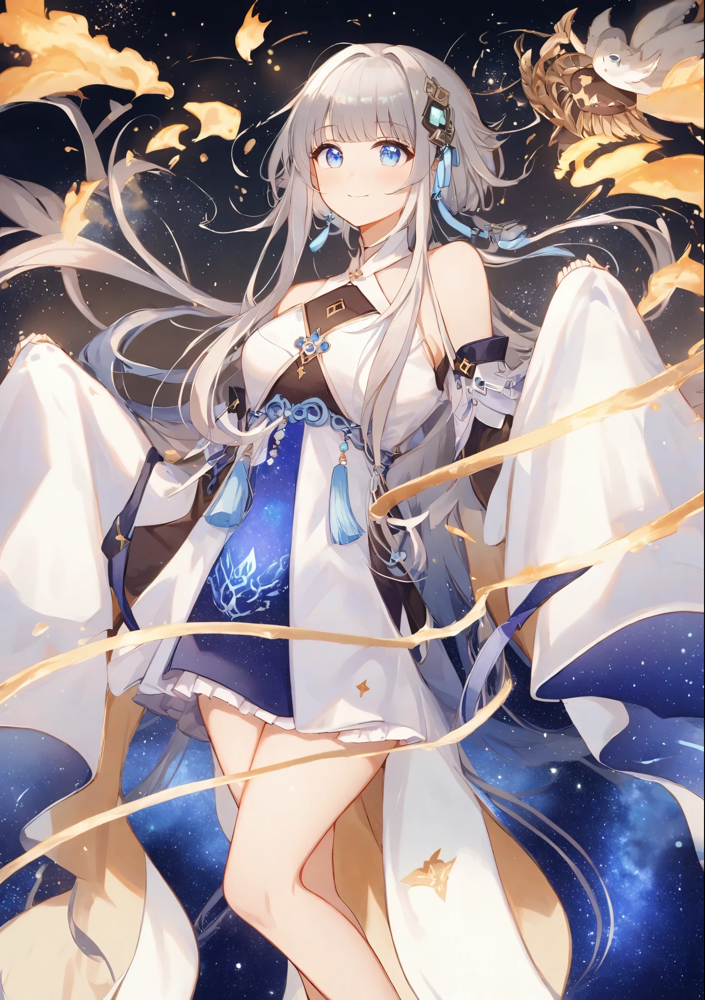 1girl,guizhong_\(genshin impact\),anime girl with long white hair and white and blue dress, long sleeves fully covering hands, white haired deity, beautiful celestial mage, anime goddess, cute anime waifu in a nice dress, lunar themed attire, celestial goddess, anime girl with cosmic hair, astral witch clothes,goddess of galaxies,smile