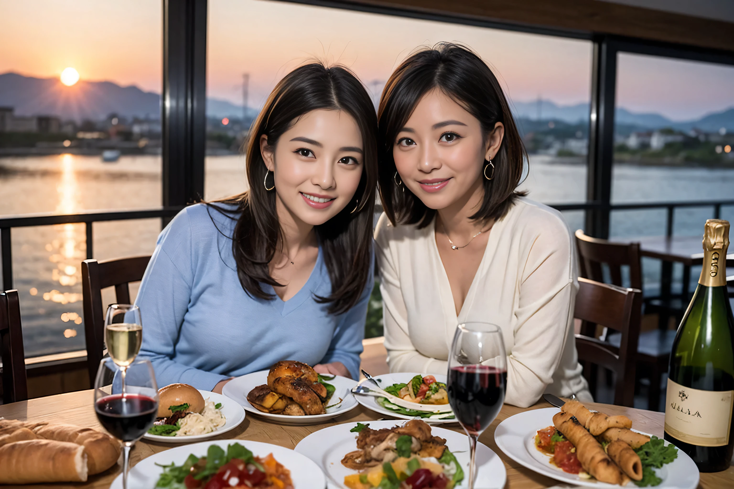 ((highest quality、8k、masterpiece:1.3))、A lover who resembles Alice Hirose、Beautiful couple、smile、full-course dinner、 (Slim face), (the body is スリム), (Brown Hair), (Short Hair), Wine glasses on the table、Amazing view of the sunset sky and clouds、 (Age 44), 39 years old, red wine 、Appetizers、Italian food、Wine bottle、Champagne、sparkling wine、Long sleeve shirt、dress、White wine, red wine,