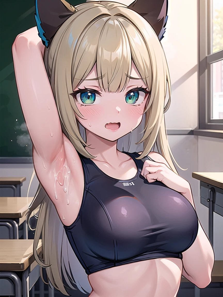 ((masterpiece,best quality)),high resolution,ultra detailed, detailed background,8k,16k,perfect lighting,detailed beautiful eyes,1girl,solo,embarrassed,blush,look at viewer,steam,sweat,in heat,confused,wavy mouth,open mouth,tear,(show off armpits,upper body:1.3),( on armpits:1.1),kirara,blond hair,green eyes,medium breast,kawaii,classroom,school swimsuit,cat ear