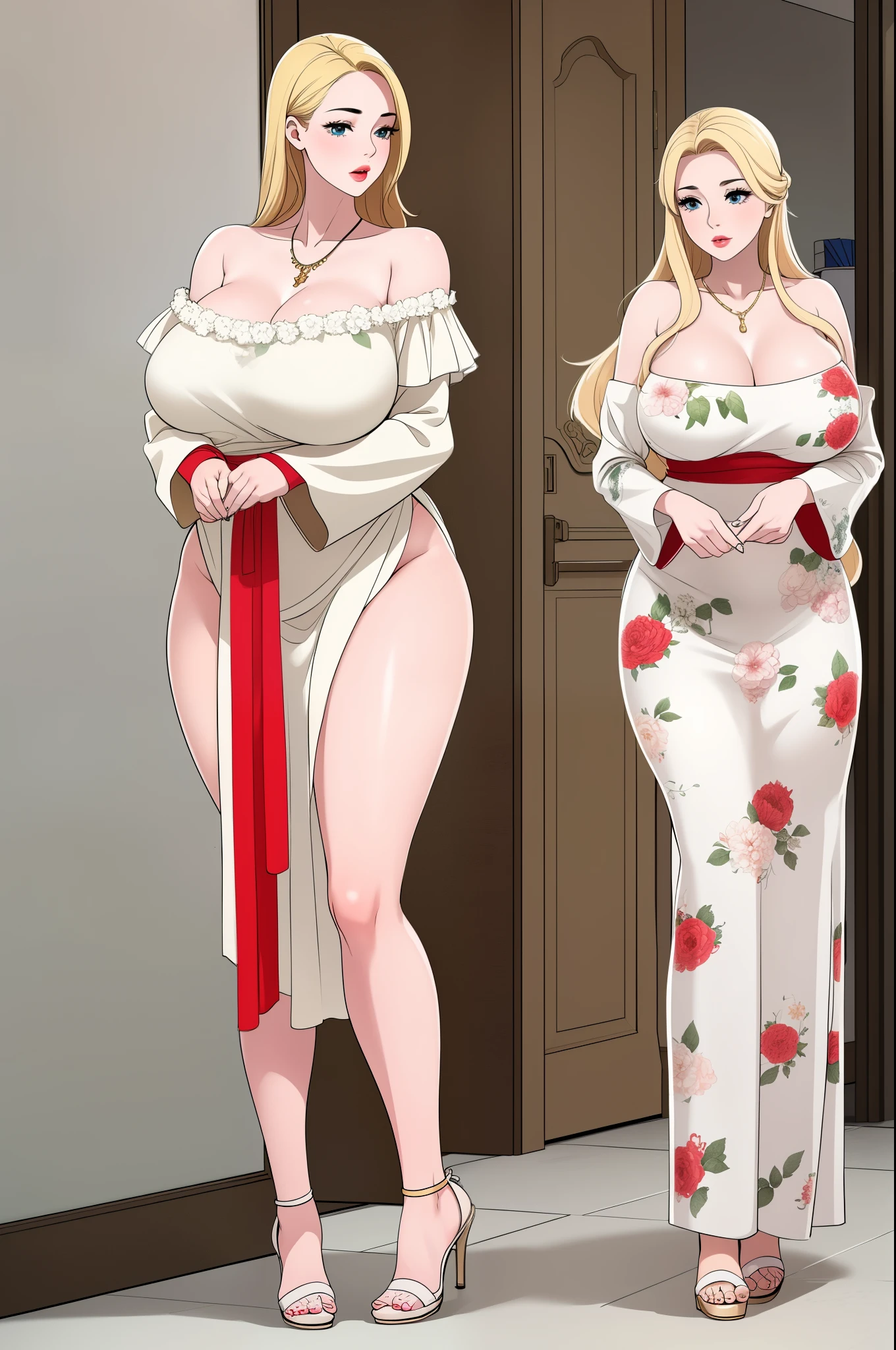 An extremely beautiful stunning busty woman, gold blonde long silky hair, big blue oceanic eyes, extremely super bright snow white fair stunning flawless glowing lush shiny white skin, and complexion, a perfect tight hourglass figure, wearing a short sexy loose revealing white floral dress with red flower patterns along with a red sash around the waist and a light brown off-shoulder cardigan, yellow heels, gold necklace on neck, black anklets on feet, standing straight, show full body from head to feet.