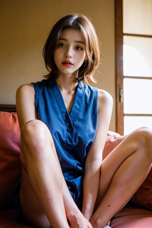 20-year-old female, (masterpiece: 1.4), (8k, reality, Original photo, highest quality: 1.4), Japan, (1 girl), Beautiful Face, (True Face: 1.4), (Pink Hair, short hair: 1.3), Hairstyle, Realistic blue eyes, Beautiful details in the eyes, (reality skin: 1.3), Beautiful Skin, Charm, 超High resolution, Ultra-realistic, High resolution, Golden Ratio, (Detailed face: 1.4), (Japanese actor: Estuary), Sheer vest,粉色short hair,whitetransparent,white,Browsing Caution,big,big ass emphasis,The nipple areola is clearly defined,Looking into the camera,Sitting on the couch,The shape of the pubic hair is clear and clear,posture(Bend your knees and spread your legs)