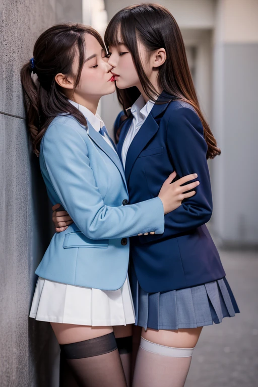 Ultra-high resolution,Professional Lighting,highest quality,masterpiece,Two girls hugging each other and kissing passionately at night by the wall behind the school building,Blue blazer and grey pleated micro mini skirt,white thigh high stockings,Close ~ eyes,Body to Body,Touching each other's breasts,entangle your legs,Hug each other strongly,Supermodel,Beautiful buttocks,Beautiful feet,Perfect beauty,Shiny long hair,Overflowing sex appeal,Very delicate skin texture,Browsing Caution