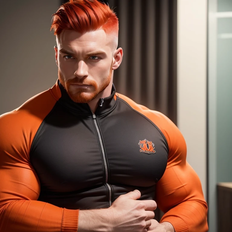 a very handsome, robust man with red hair, mid fade haircut, massively muscular, with massively big muscles, with massively big and muscular bodies, wearing an orange zip-up sweatshirt, seen very close up