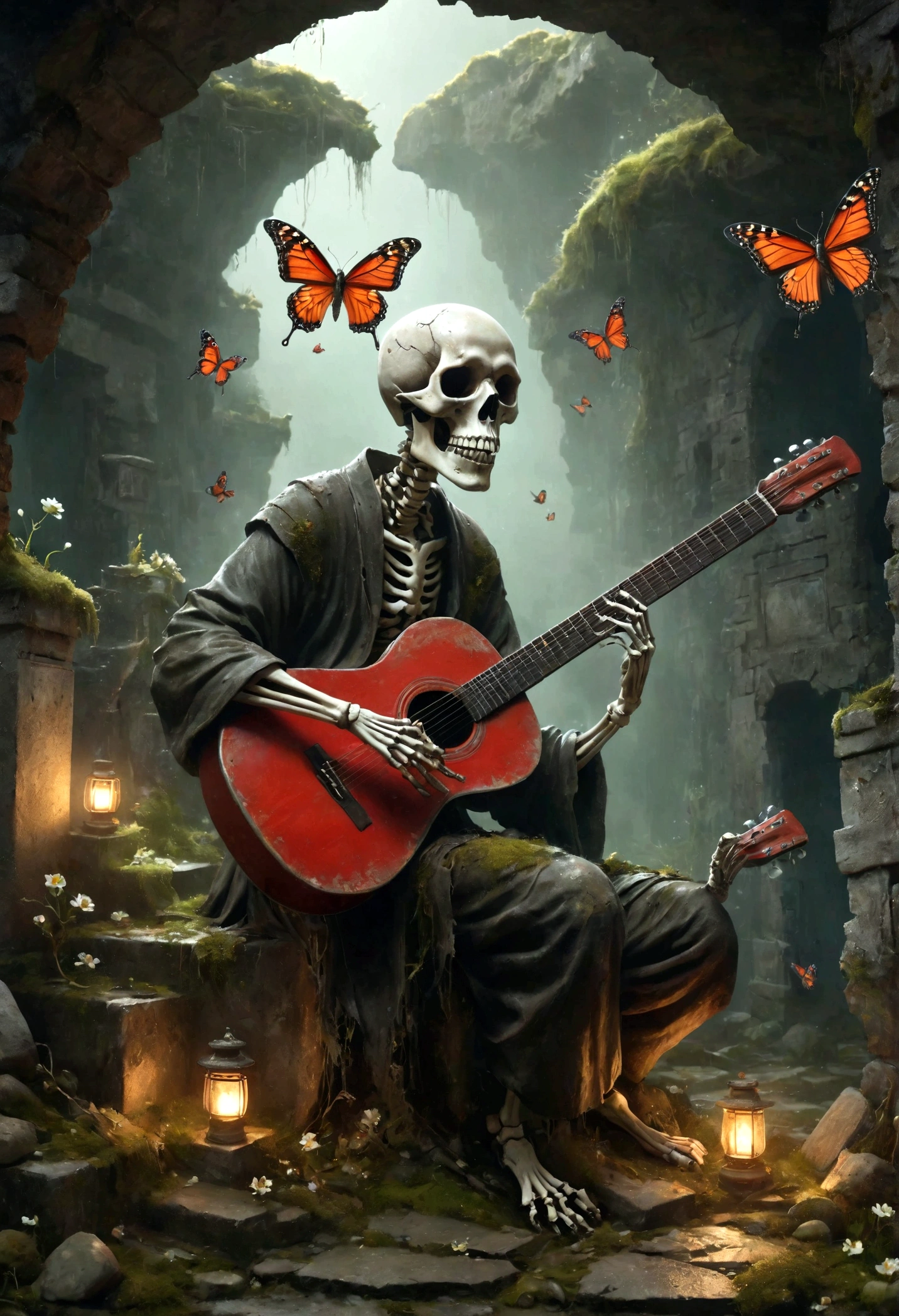 a skeletal figure playing a guitar, melancholic, desolate, moss-covered, dilapidated, squalid, (best quality,4k,8k,highres,masterpiece:1.2),ultra-detailed,(realistic,photorealistic,photo-realistic:1.37),dark fantasy,grim,moody lighting,dramatic shadows,cinematic,moody color palette,muted tones,grunge,decaying,weathered,tattered,Small white flowers,Ancient Chinese tombs,Dungeons,Cemetery,Black red,There is a broken bowl in front.,The Trail,Stairs,vine,rainwater,Swarms of glowing butterflies