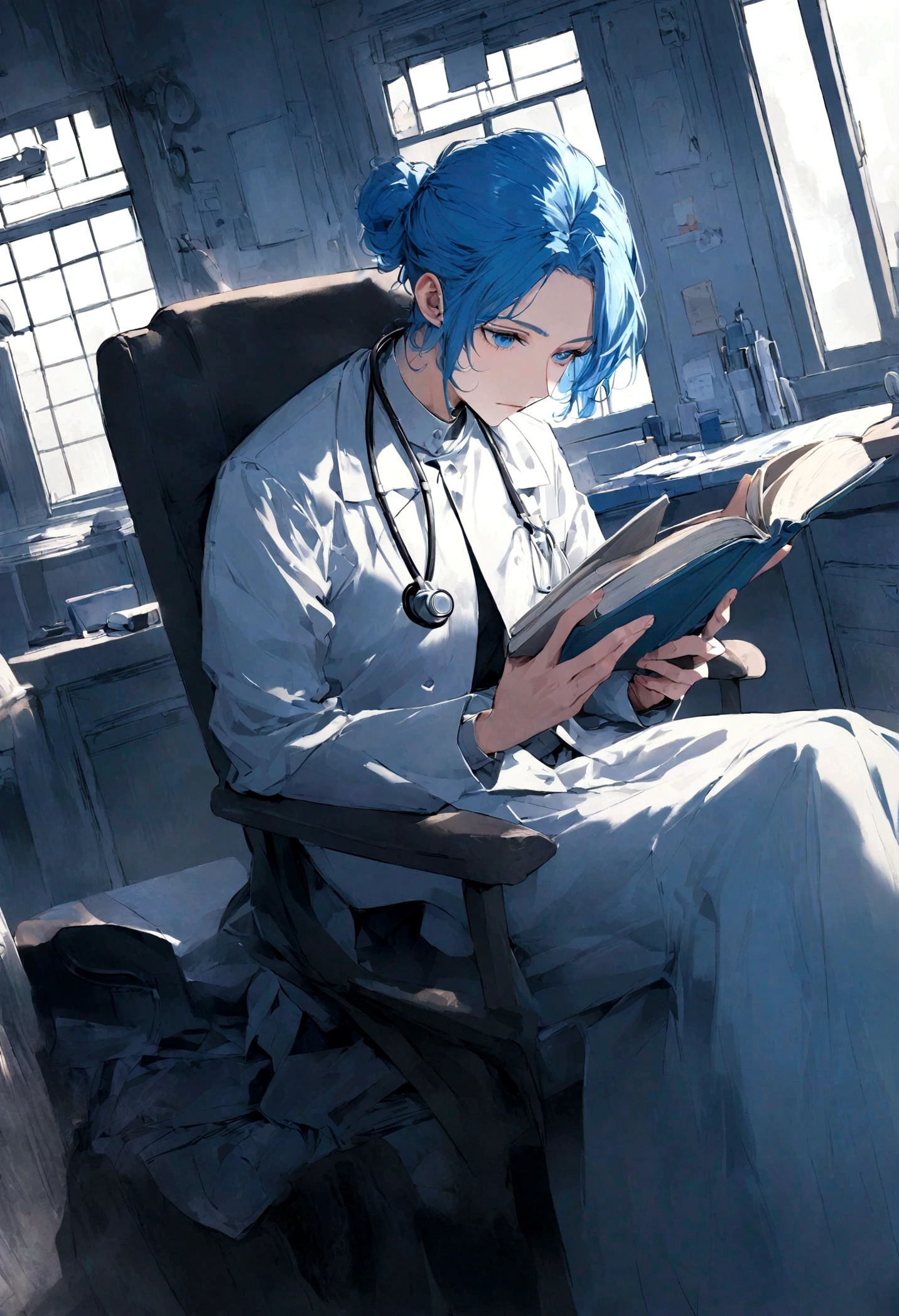 short blue hair male, dark blue eyes, doctor's outfit, stethoscope, reading book, cool