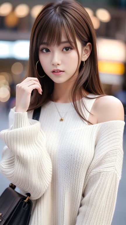 Ultra-high resolution, Superior Quality, highest quality, Super detailed, Realistic, 8k, RAW Photos, highest quality, masterpiece, Attractive girl, A wonderful girl, Brown Hair, Shoulder-length layered, Asymmetrical bangs, K-Pop Idols, Sophisticated, stylish, White knit, Shibuya Ward, 