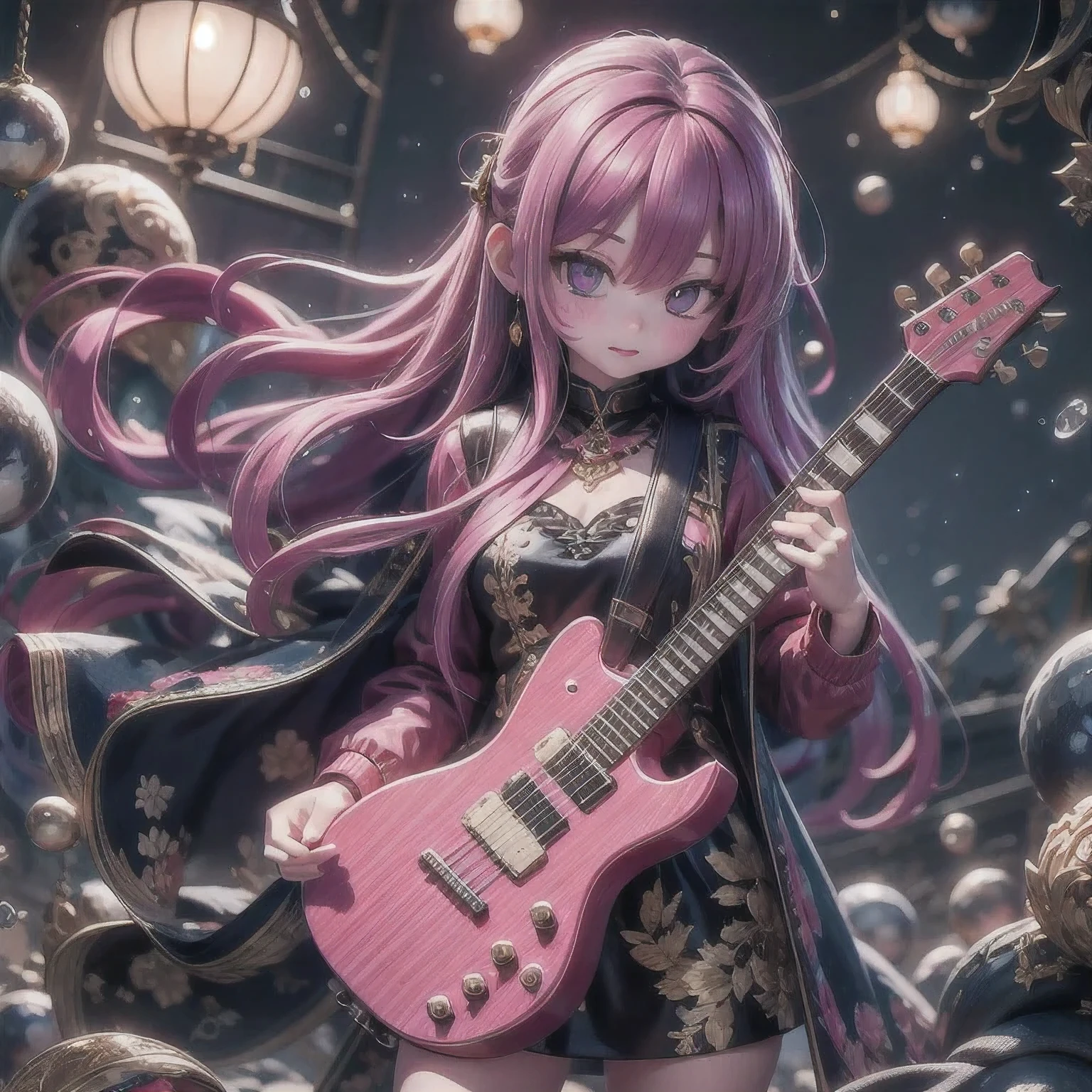 （（（the guitar player）））An award-winning image of a purple pink black robot in a photography competition, 