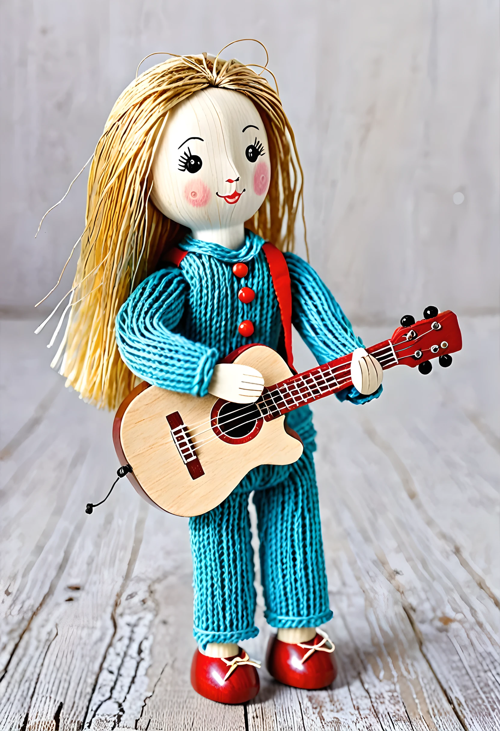Guitarist doll, made of wood and string, children's craft,