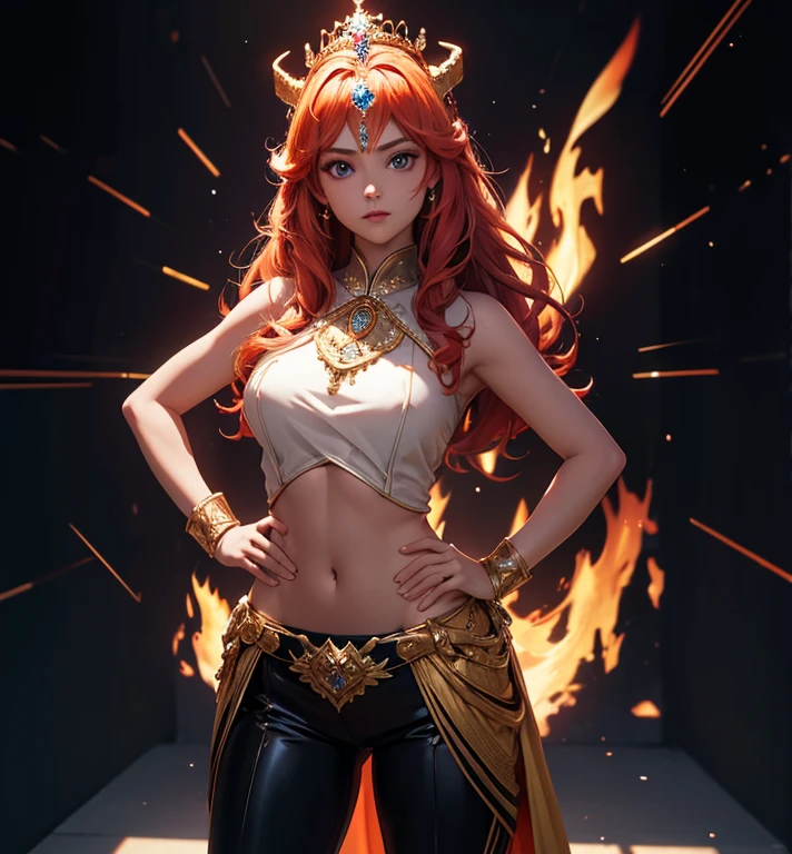 Surrealism, High Detail, movie lighting, Ray tracing, Perspective, Eye level shooting, Ultra HD, Textured Skin, 4k, best quality,Girl with a crown on her head,Hands on hips,Flaming hair