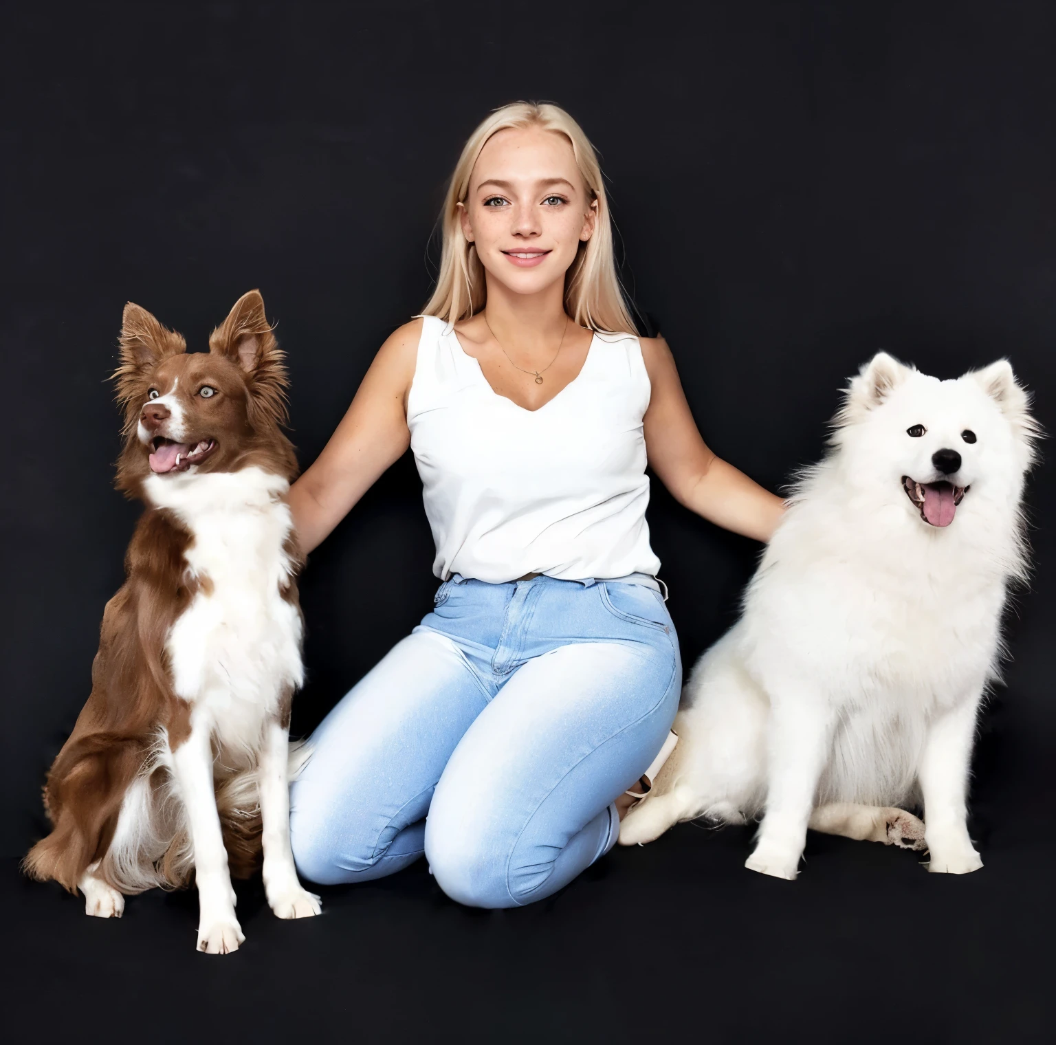 uma mulher, americana, 25 anos, pale skin and freckles, olhos cinzas, nariz delicado, soft and delicate lips, longo, cabelo blondie longo e ondulado na altura da cintura, sorriso meigo, face with delicate feminine facial features, altamente renderizado
