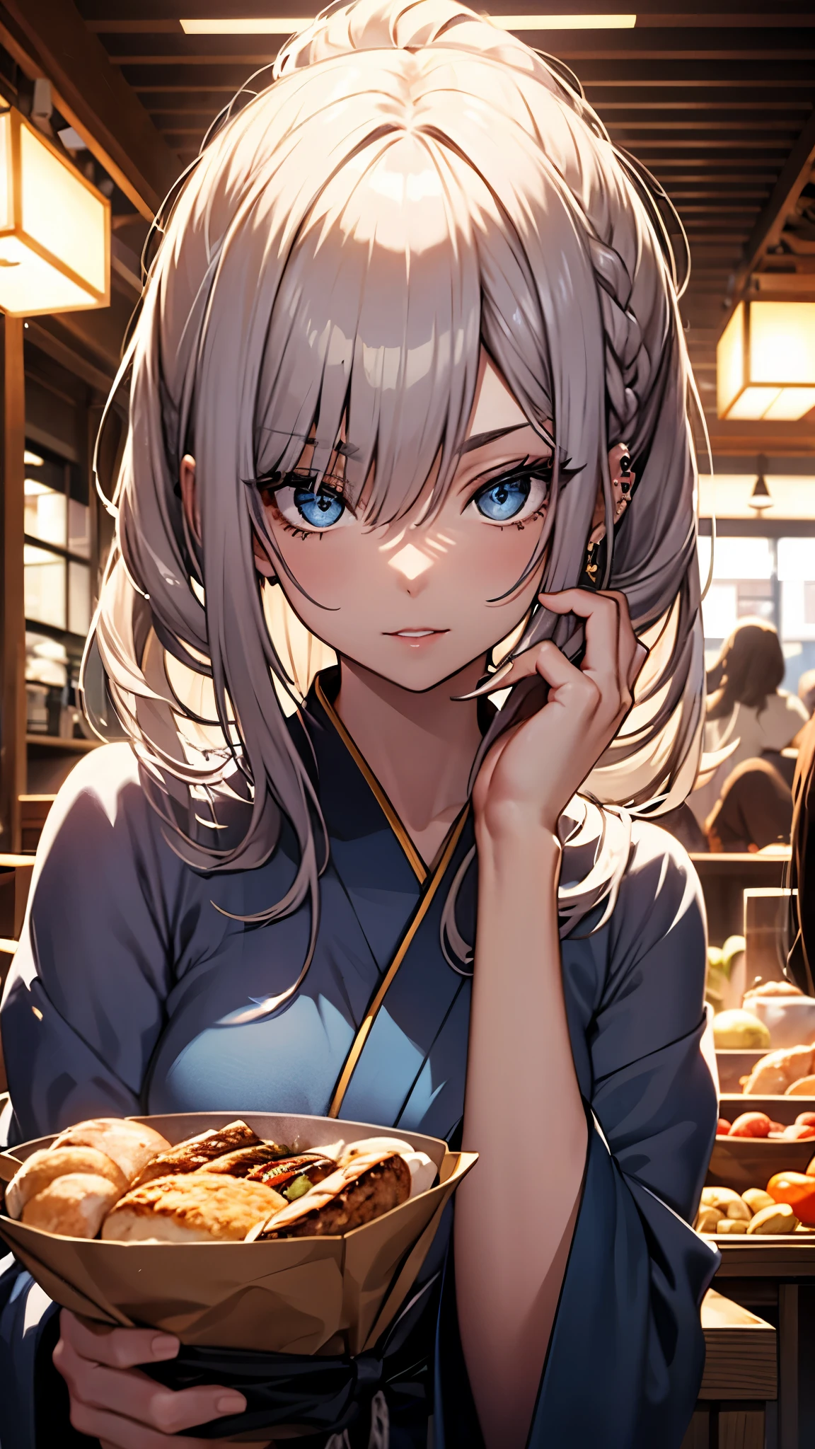 (1girl:1.3), Masterpiece, Best quality, amazing beauty, [[3D]], 4K, absurdres, finely detail, super detailed eye, perfect anatomy, official art, cinematic lighting, BREAK, Japanese style cafe, silky long hair, long braid, white hair, super shiny detailed blue eyes, big eyes, cute eyes, thick eyebrow, Gazing Upward, full lips, rouge, False eyelashes, red lips, piercing, excited face, BREAK , big breasts, tall, medium, gloss skin, Eat the bread in her hand, face close-up, BREAK ,kimono, BREAK,