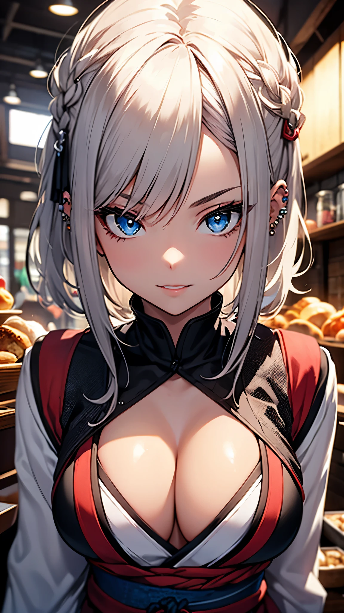 (1girl:1.3), Masterpiece, Best quality, amazing beauty, [[3D]], 4K, absurdres, finely detail, super detailed eye, perfect anatomy, official art, cinematic lighting, BREAK, Japanese style cafe, silky long hair, long braid, white hair, super shiny detailed blue eyes, big eyes, cute eyes, thick eyebrow, Gazing Upward, full lips, rouge, False eyelashes, red lips, piercing, excited face, BREAK , big breasts, tall, medium, gloss skin, Eat the bread in her hand, face close-up, BREAK ,kimono, BREAK,