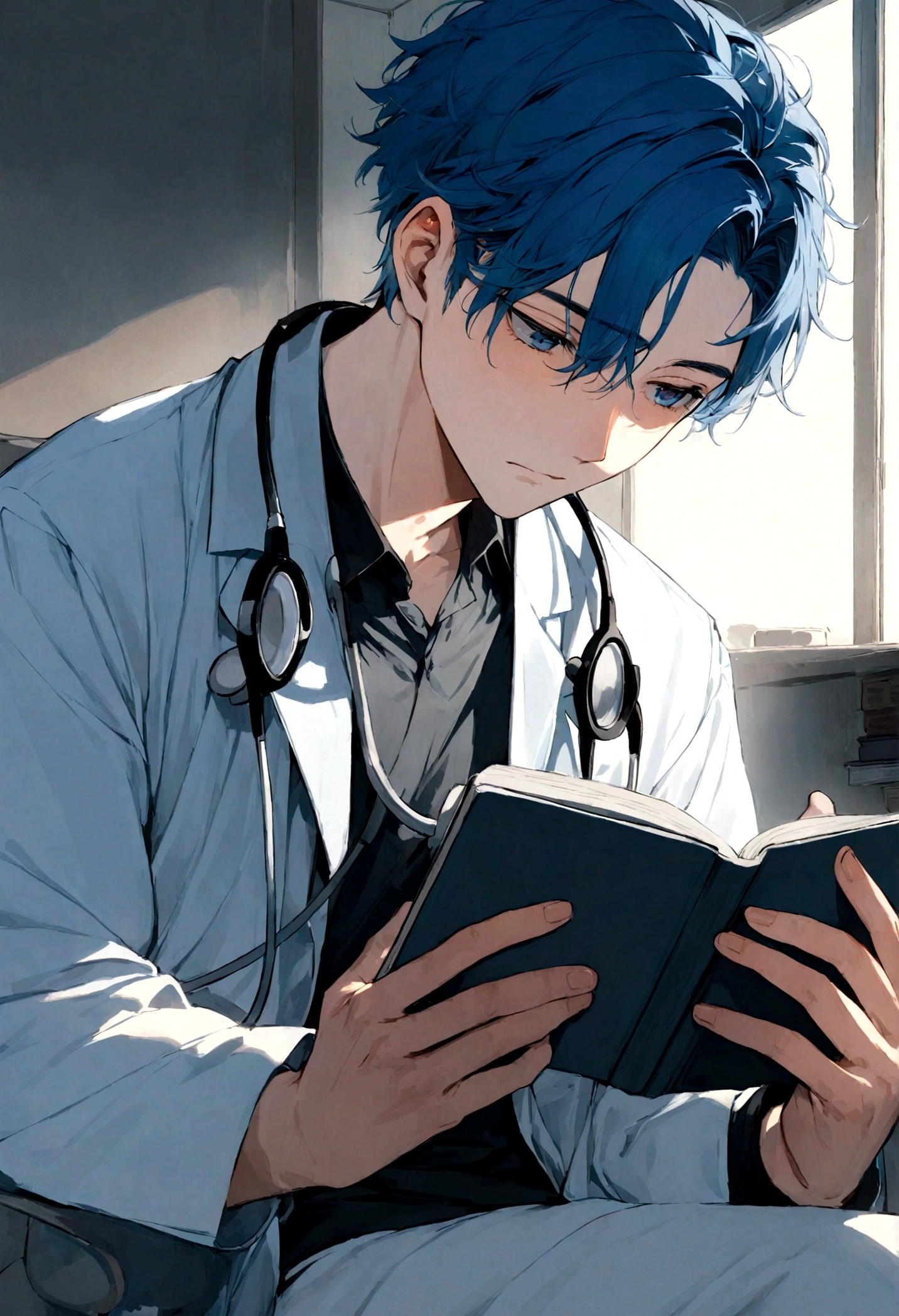 25 year old male, short blue hair, dark blue eyes, wearing doctor's clothes, wearing stethoscope, reading book, cool