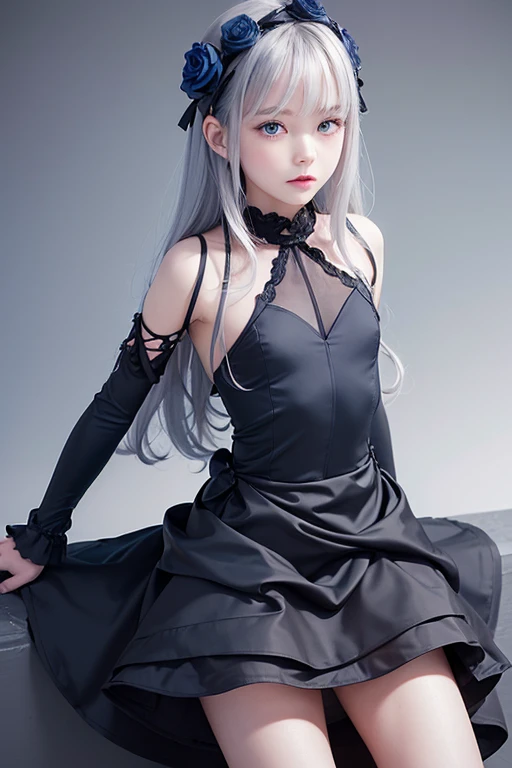 (highest quality, Tabletop), (One Girl, alone, Black Dress, Are standing , View Viewer, Gray Hair, blue eyes, Mouth closed, ),((Blue rose)), One girl、Flat body、Slime-ified、cute、Elementary school student's face、 (Background blur)、(shine:1.3)、(Blue geometric background:1.3)、(head shot)、Blue rose、blue flower