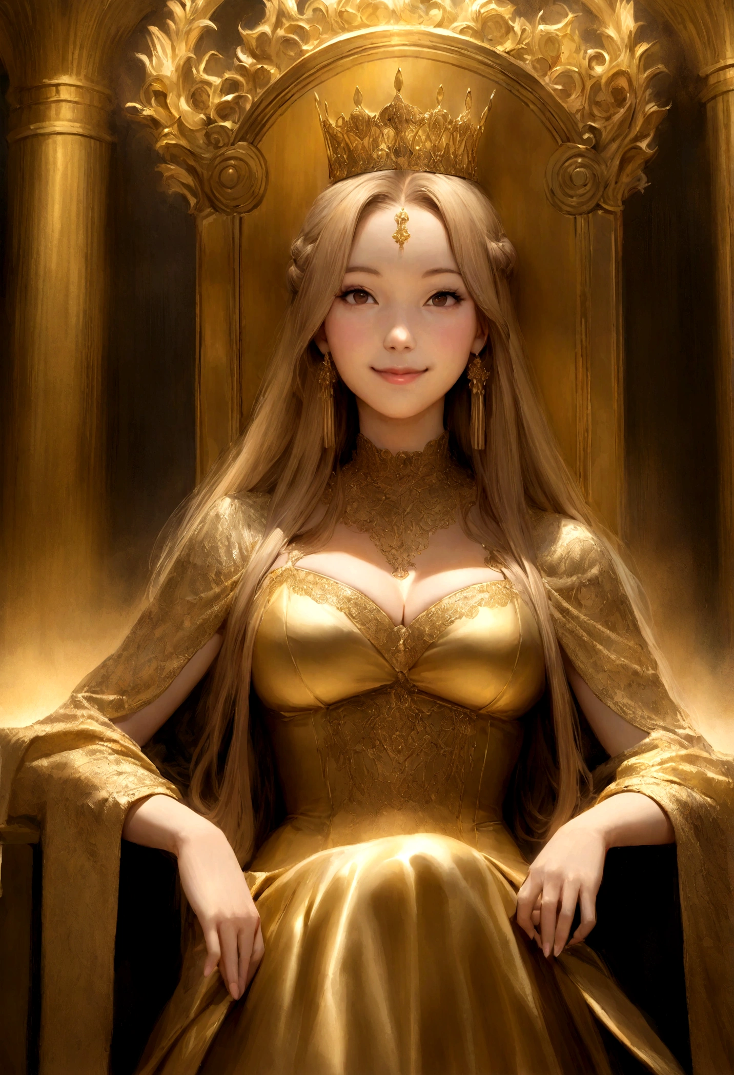 Here's an English prompt based on the image you provided: "A regal woman seated on a golden throne, wearing an intricately designed golden dress and crown. She exudes an aura of power and majesty, with her golden hair flowing and adorned with elegant jewelry. The background features ornate golden pillars and a warm, glowing light, enhancing the royal and opulent atmosphere."Japanese high school girl with a gal style face, cute, smiling.Realistic styleWith large breastsAlmost like a real photo