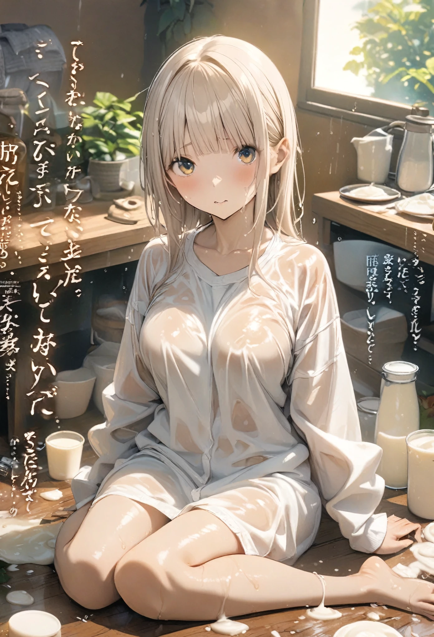 Magazine cover(masterpiece, best quality:1.2),woman,(((The eyes are delicate)))The whole body is milk,((Wet clothes))Room,The floor is covered with milk,rain(8K)(HD)