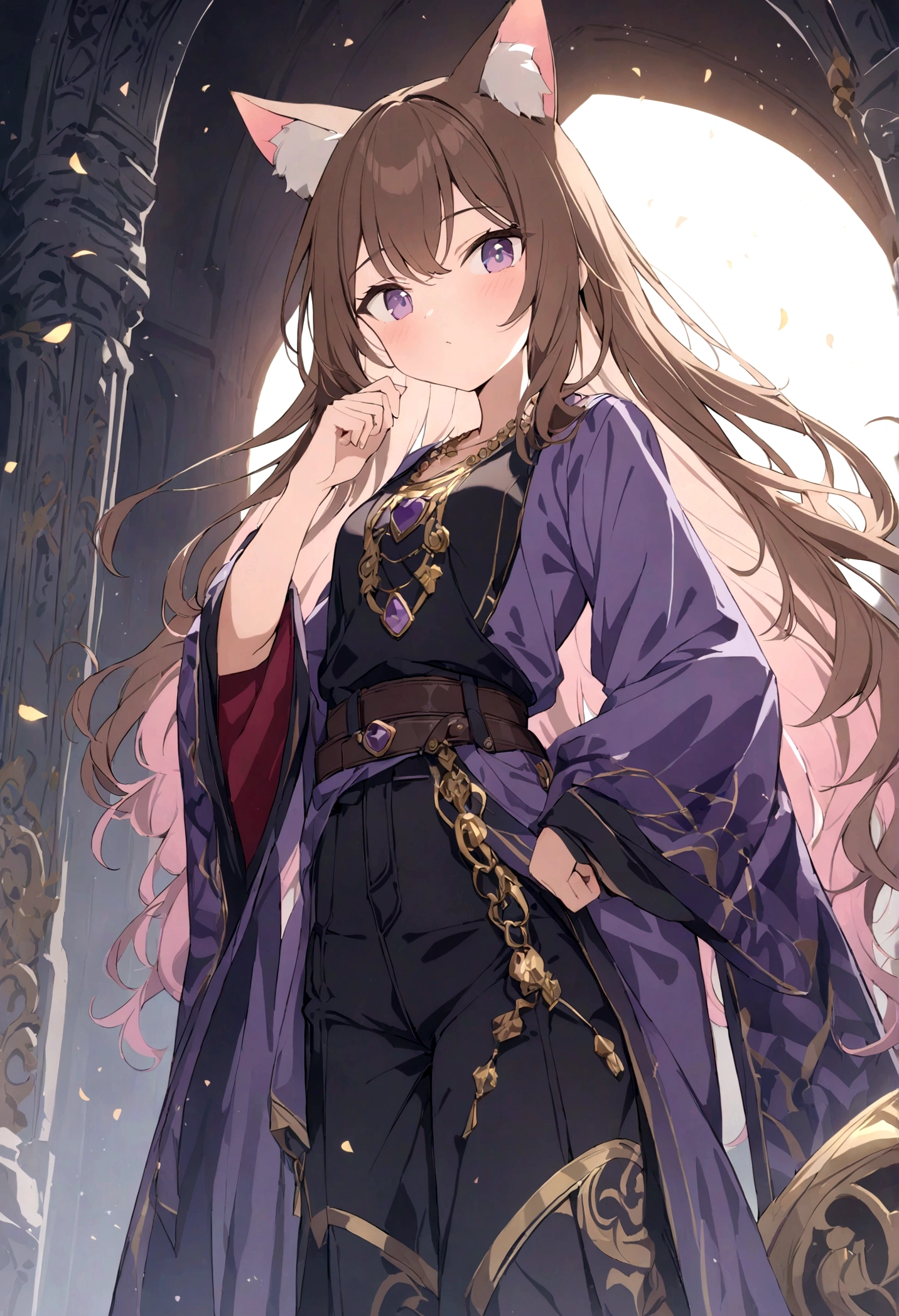 (1girl, Masterpiece, best quality) A young adult female character with long, brown hair featuring lighter streaks, styled in loose waves. She has striking purple eyes and a confident, slightly defiant expression. She has distinctive cat-like ears, brown with pink inner fur. She wears a black medieval-style adventuter aristocrat/nobles form-fitting top adorned with gold and red accents, including intricate patterns. Over this, she has a purple cloak with wide sleeves and gold detailing. The same style as outfit has pants and boots. Accessories include a purple gemstone necklace and a belt. The character is depicted in a dynamic low-angle shot, giving a sense of power and movement. The background is abstract with a gradient from dark to light hues, adding depth and emphasizing the character. The lighting is warm and dramatic, with strong highlights and shadows enhancing the overall design.
