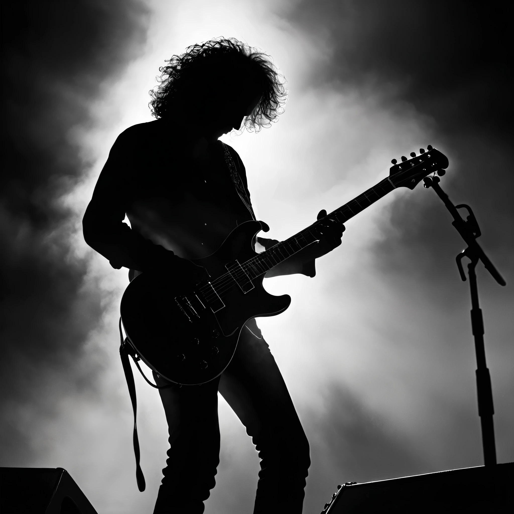 Guitarist illustration, (Silhouette: 1.5), Silhouette of male guitarist in his 50s, long hair, perm, backlit by intense lighting behind the stage, on a huge outdoor stage, very thick brush, Edge: 1.5, dark fantasy, light and shadow, black and white, contrast, high detail , intricate detailed, BREAK (fog, mist:1.6), backlit, artistic mist