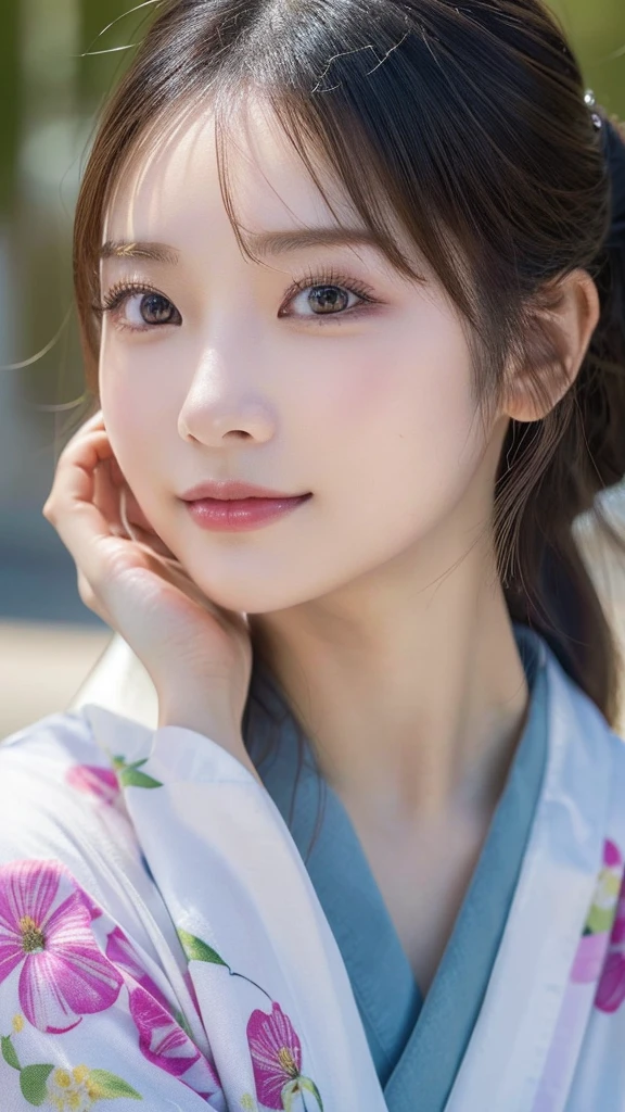 （(Kimono)）、((26 year old))、randome pose、、、(top-quality,​masterpiece:1.3,超A high resolution,),(ultra-detailliert,Caustics),(Photorealsitic:1.4,RAW shooting,)Ultra-realistic capture,A highly detailed,High resolution 16K human skin close-up、 Skin texture is natural、、The skin looks healthy with an even tone、 Use natural light and color,One Woman,japanes,,kawaii,A dark-haired,Middle hair,,smil,,(depth of fields、chromatic abberation、、Wide range of lighting、Natural Shading、)、