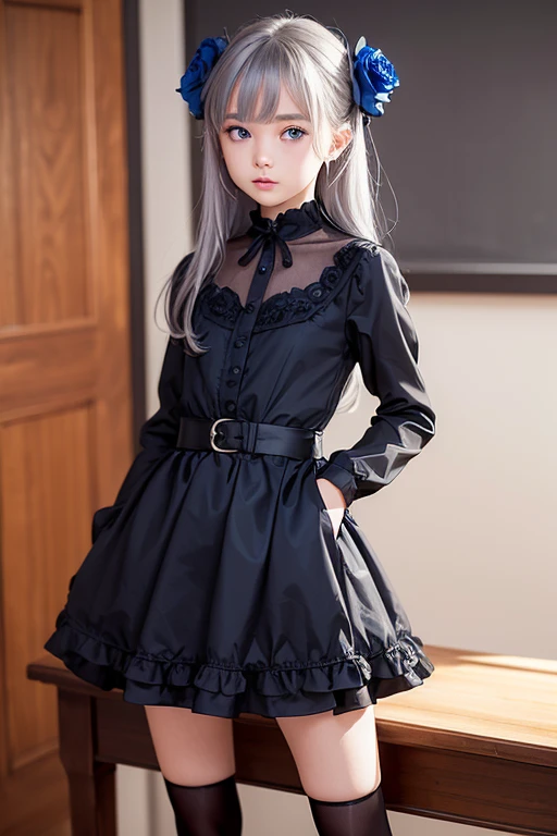 (highest quality, Tabletop), (One Girl, alone, Black Dress, Are standing , View Viewer, Gray Hair, blue eyes,  Mouth closed, ),((Blue rose)),   One girl、Flat body、Slime-ified、cute、Elementary school student&#39;s face、 (Background blur)、(shine:1.3)、(Blue geometric background:1.3)、(head shot)、Blue rose、blue flower
