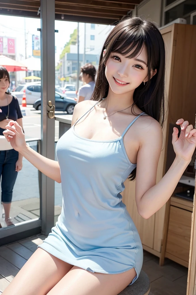 highest quality、8k Masterpiece、超A high resolution、(Photorealistic:1.3)、RAW Photos、1 girl、Short black hair swaying in the wind、Glowing Skin、((Ultra-Realistic Details))、Portrait、Global Illumination、Shadow、Octane Rendering、8k、Super sharp、Beautiful breasts、Beautiful Eyes、Bright colors、smile、Very intricate details、Realistic Light、CGSoation Trend、Beautiful Eyes、Shining Eyes、A big smile for the camera、Neon Details、２０age、Mean、Small devil、Obscene、wide shot、full body、Silver charm on the ankle、Young body shape、未来的な白いIdol衣装、Cosplay、A little sexy、Moe、Super cute、cute、pure、Fall in love、Idol、可愛いIdolステージ衣装、A girly cafe with gentle sunlight、A smile that will make any otaku swoon