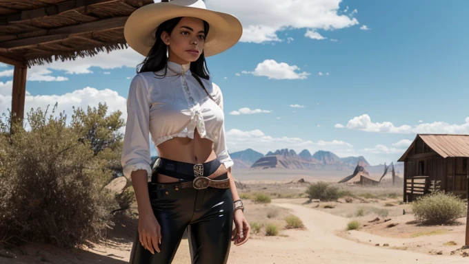 Obra de arte, Uma mulher, magra, Camisa manga longa surrada,leather pants, Cinto com coldre e Colt 45: cinto com coldre e Colt 45, Set in the wild west under a sunny sky: set in the Old West under sunny skies, Emaranhado, Ultra-detalhado, 8K: 8K,HDR: HDR, Ultra HD: Ultra HD
