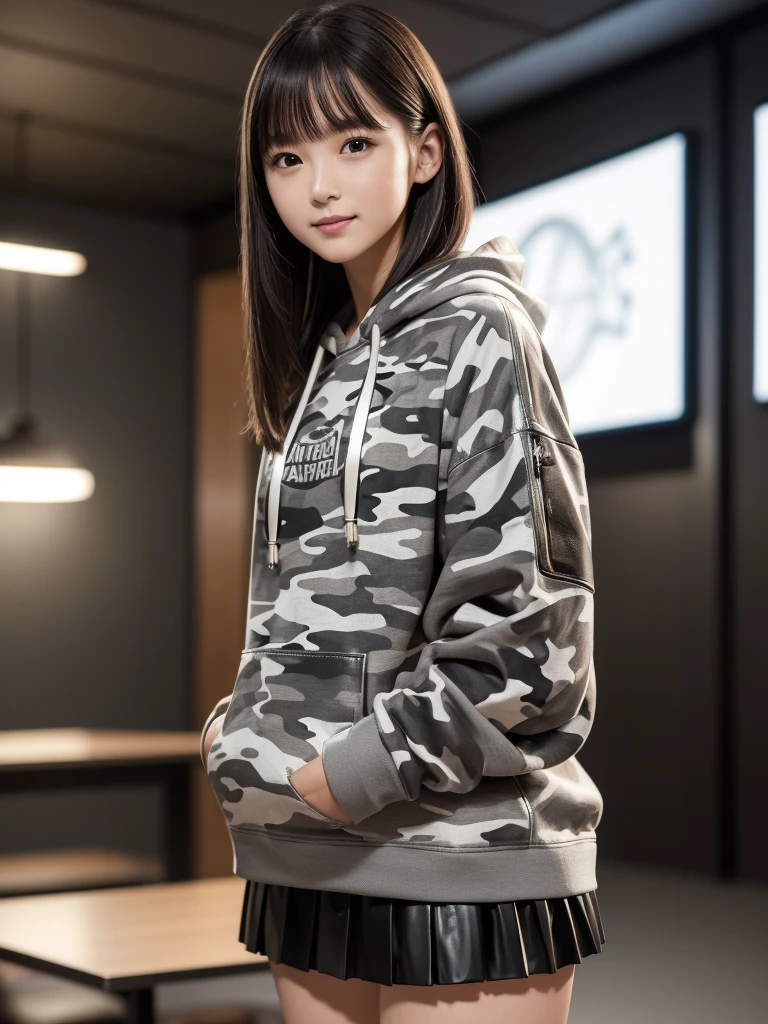 (8k, RAW Photos, highest quality, Tabletop:1.2), (Realistic, Photorealistic:1.4), (Highly detailed 8k wallpaper), Sharp focus, Depth of written boundary, Blur the background, Bokeh, Cinema Lighting, Soft Light, (whole body), 1 girl,18 years old famous Japanese idol, Perfect female body, indoor, (White and grey camouflage hoodie and black leather micro mini pleated skirt : 1.3), (Long, slender legs), (smile), Glossy lips, Beautiful fine details,Natural Makeup, Shiny and smooth light brown long bob hair, Asymmetrical bangs, Shiny skin, Center image, High resolution, Attention to detail, Detailed hairstyle, Detailed face, 素晴らしいCinema Lighting, Octane Rendering, Vibrant, Ultra-realistic, Perfect limbs, Perfect Anatomy
