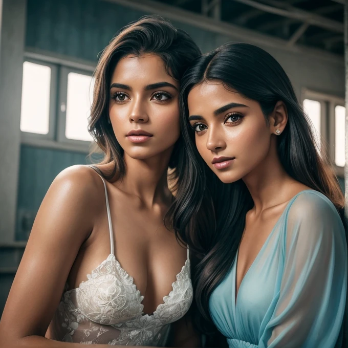 Isabela Merced e amiga, parado em um fiorde, se beijando, sorridente, Prumo_corte de cabelo, fleshy lips,vestido preto longo azul transparente com decote profundo, no underwear, cativante, molhado, (seios grandes:1.3) e olhos azuis bem definidos, Lee Jeffries Award Winning Photo, fotografia com filme kodak, kodak porta 400 f1 camera lens.6, extremamente detalhado, Incredible, detalhes finos, Cores ricas, textura realista hiper-realista, dramatic lighting, Motor irreal, trends on Artstation, cinestill 800 tungsten, foto realista, Foto CRU, Tanvir Tamim, alta qualidade, high resolution, sharp focus, extremamente detalhado, foto de Arny Freytag