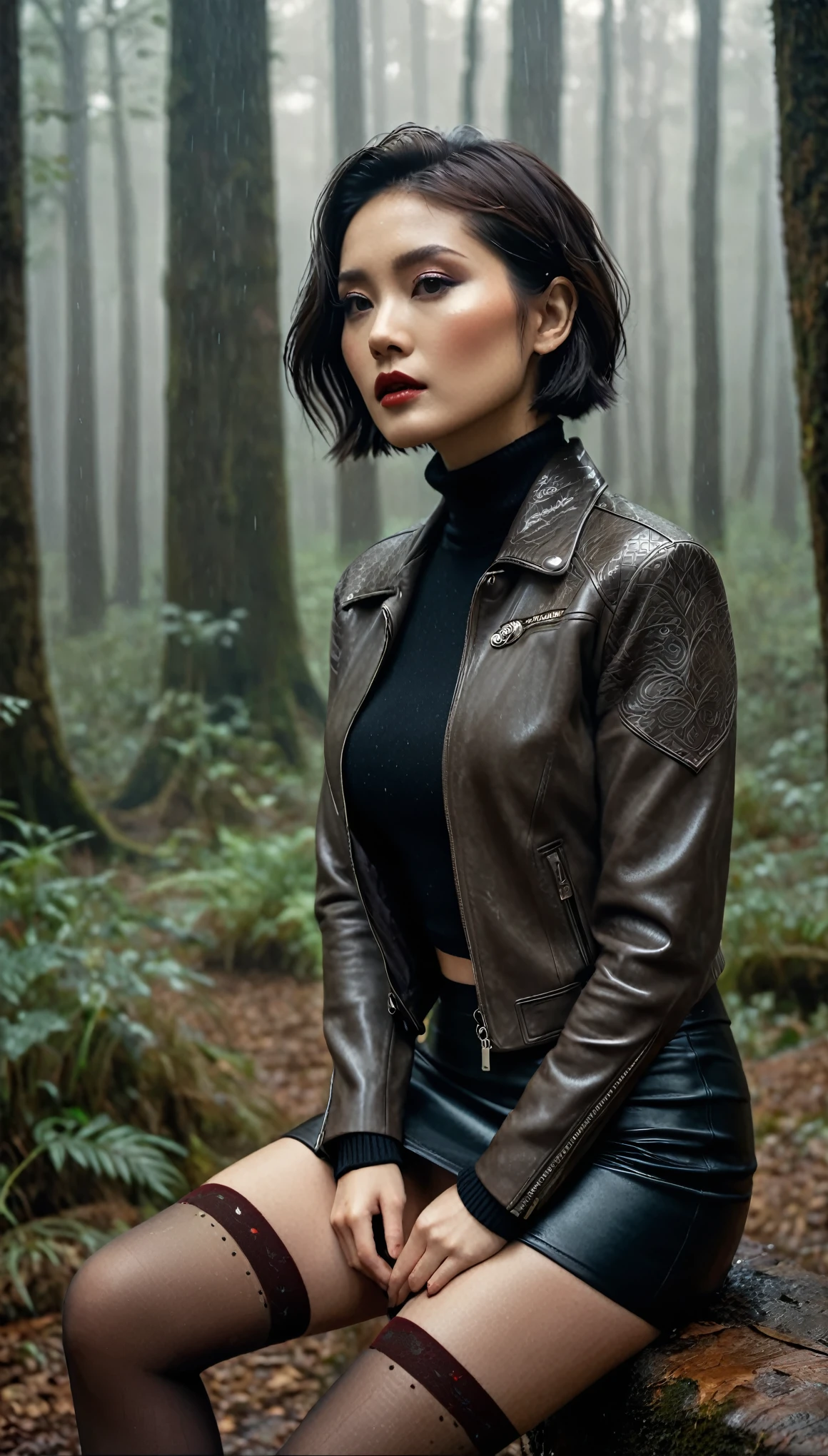 8k, ultra-detailed, grainy film photo, masterpiece,muted colors, muffled light, dusk, rainy, moody, noir, woman in forest, elegant sitting, elegant pose, vulnerability, short stockings, light turtleneck sweater, pencil skirt, faded detailed biker leather jacket, beautiful brunette hair, depraved, asian, ethnical patterns, tattoo, makeup, beige, brown, red,