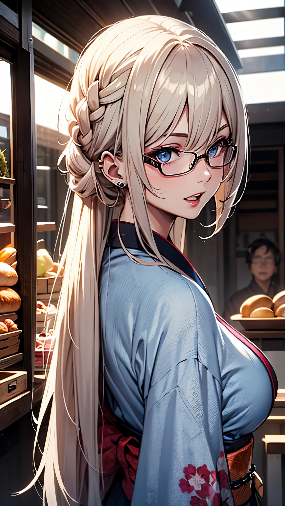 (1girl:1.3), Masterpiece, Best quality, amazing beauty, [[3D]], 4K, absurdres, finely detail, super detailed eye, perfect anatomy, official art, cinematic lighting, BREAK, Island, silky long hair, long braid, white hair, super shiny detailed blue eyes, big eyes, cute eyes, thick eyebrow, Gazing Upward, open-mouth, full lips, straight teeth, rouge, False eyelashes, red lips, red round cell frame glasses, piercing, excited face, BREAK , big breasts, tall, medium, gloss skin, nibble at bread, from behind, BREAK ,kimono, BREAK,