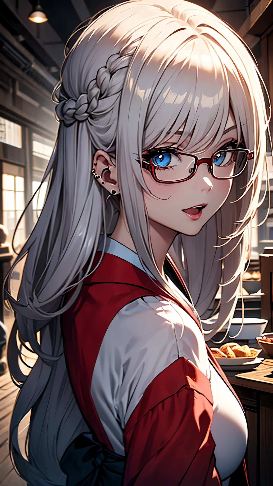 (1girl:1.3), Masterpiece, Best quality, amazing beauty, [[3D]], 4K, absurdres, finely detail, super detailed eye, perfect anatomy, official art, cinematic lighting, BREAK, Island, silky long hair, long braid, white hair, super shiny detailed blue eyes, big eyes, cute eyes, thick eyebrow, Gazing Upward, open-mouth, full lips, straight teeth, rouge, False eyelashes, red lips, red round cell frame glasses, piercing, excited face, BREAK , big breasts, tall, medium, gloss skin, nibble at bread, from behind, BREAK ,kimono, BREAK,