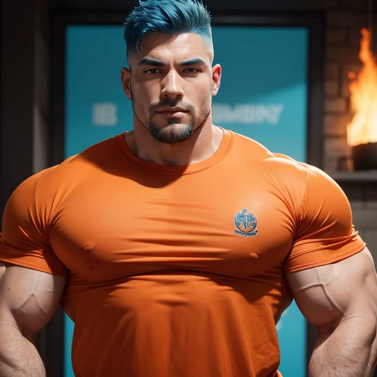 a very handsome, robust man, with blue hair, wearing an orange shirt, with a Mid fade haircut, massively muscular, with massively big muscles, with massively big and muscular bodies, wearing an orange shirt, seen from the front of very close with red fire surrounded