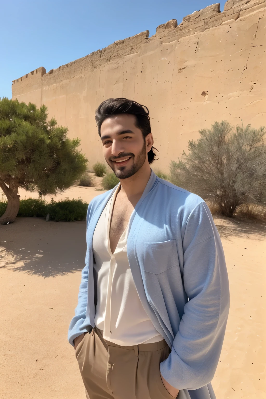((masterpiece, Practical, best quality, extremely complex, Solitary, 1 man)), color connection, Colorization, Vibrant color scheme, rich and colorful, Spot Color, Middle Eastern ethnicity, (Selfie), Stand on the city wall, Behind is a beautiful desert oasis, noon, (30-year-old man), (Sexy smile:1.2),Thick eyelashes,Fashionable and luxurious