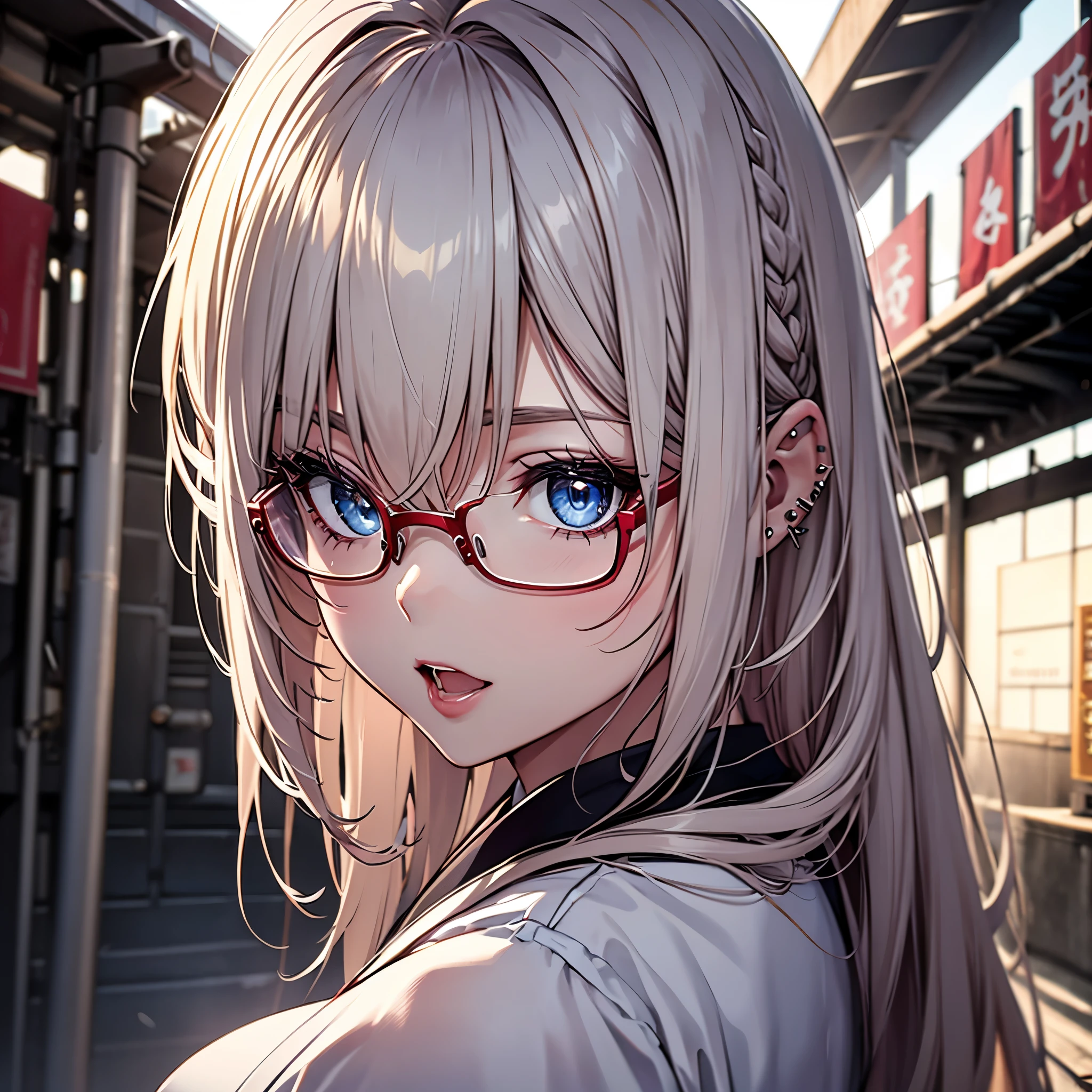 (1girl:1.3), Masterpiece, Best quality, amazing beauty, [[3D]], 4K, absurdres, finely detail, super detailed eye, perfect anatomy, official art, cinematic lighting, BREAK, Island, silky long hair, long braid, white hair, super shiny detailed blue eyes, big eyes, cute eyes, thick eyebrow, Gazing Upward, open-mouth, full lips, straight teeth, rouge, False eyelashes, red lips, red round cell frame glasses, piercing, excited face, BREAK , big breasts, tall, medium, gloss skin, seiza, from behind, BREAK ,kimono, BREAK,