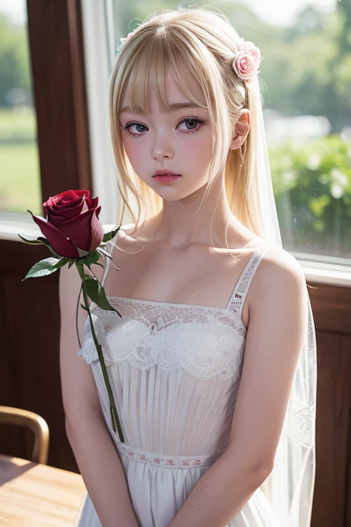 (highest quality, Tabletop), (One Girl, alone, White Dress, Are standing , View Viewer, Transparent blonde, Red eyes, Mouth closed, ),((Red Rose)), One woman、20-year-old woman、Flat body、Slime-ified、cute、Elementary school student's face、 (Background blur)、(shine:1.3)、(Blue geometric background:1.3)、(head shot)、Red Rose、Red flower