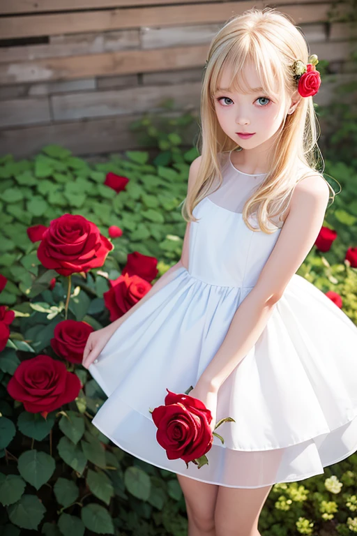 (highest quality, Tabletop), (One Girl, alone, White Dress, Are standing , View Viewer, Transparent blonde, Red eyes, Mouth closed, ),((Red Rose)), One woman、20-year-old woman、Flat body、Slime-ified、cute、Elementary school student's face、 (Background blur)、(shine:1.3)、(Blue geometric background:1.3)、(head shot)、Red Rose、Red flower