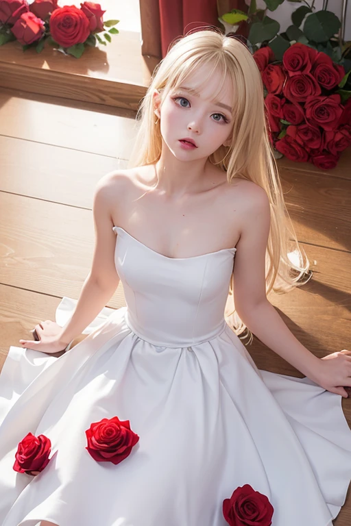 (highest quality, Tabletop), (One Girl, alone, White Dress, Are standing , View Viewer, Transparent blonde, Red eyes, Mouth closed, ),((Red Rose)), One woman、20-year-old woman、Flat body、Slime-ified、cute、Elementary school student's face、 (Background blur)、(shine:1.3)、(Blue geometric background:1.3)、(head shot)、Red Rose、Red flower