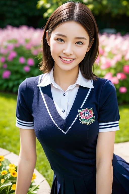(((full bodyesbian)))、((Girls' High School Uniforms))、((１a person))、ponytail、short-hair、Close to the subject、((a school flower beds)))、(((ssmile)))、(((Girls' High School)))、((a beauty girl))、((sexy  pose))、Photorealsitic、Beautiful detailed eyes、Hyper-Realism、highcontrast、Ultra HD、realistic skin textures、Top image quality、top-quality、超A high resolution、Fine details、Very meticulously