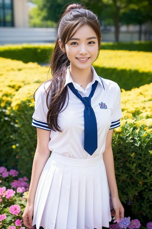 (((full bodyesbian)))、((Girls' High School Uniforms))、((1a person))、ponytail、short-hair、Close to the subject、((a school flower beds)))、(((ssmile)))、(((Girls' High School)))、((a beauty girl))、((sexy pose))、Photorealsitic、Beautiful detailed eyes、Hyper-Realism、highcontrast、Ultra HD、realistic skin textures、Top image quality、top-quality、超A high resolution、Fine details、Very meticulously