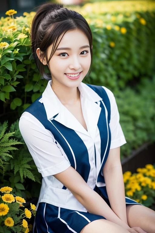 (((full bodyesbian)))、((Girls' High School Uniforms))、((１a person))、ponytail、short-hair、Close to the subject、((a school flower beds)))、(((ssmile)))、(((Girls' High School)))、((a beauty girl))、((sexy  pose))、Photorealsitic、Beautiful detailed eyes、Hyper-Realism、highcontrast、Ultra HD、realistic skin textures、Top image quality、top-quality、超A high resolution、Fine details、Very meticulously