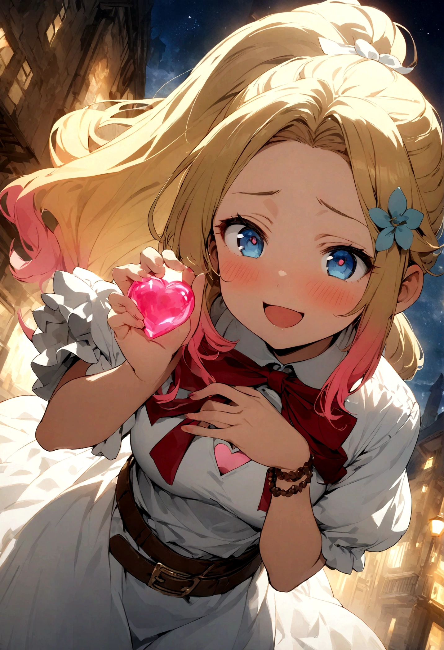 ponytail、Glossy blonde、Three flower-shaped hairpins on the left sideburn、blue eyes、Droopy eyes、Shining Eyes、smile、Open your mouth、Wearing a dress、A thick brown belt under the chest、masterpiece, highest quality, Official Art, Very detailed, Absurd, 8K resolution, 16-year-old girl, change, alone, 明るいsmile, Transparent clothes, White clothes、A small pink heart-shaped tattoo on his left cheek、fine grain、shabby bangs、Blush and redness、Gradient Hair、Ample Bust、Perfect Face、Big hair ribbon、Short sleeve、Ruffle sleeves、Collared shirt、Uniform Ribbon、Hair hanging down behind the ears、Grab your sideburns with your right hand、Vertical lines on chest、Ruffles and patterns、Brown Bracelet、Round face、night、town、illumination、Holding an APEX Clever in his hand