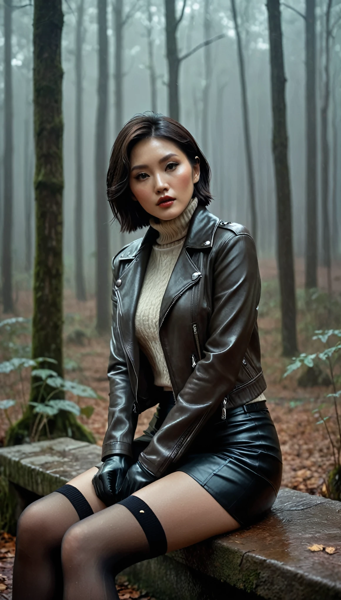8k, ultra-detailed, grainy film photo, masterpiece,muted colors, muffled light, dusk, rainy, moody, noir, woman in forest, elegant sitting, elegant pose, vulnerability, short stockings, light turtleneck sweater, pencil skirt, faded detailed biker leather jacket, beautiful brunette hair, depraved, asian, floral patterns:1.2, tattoo,  makeup, beige, brown, red, small leather gloves
