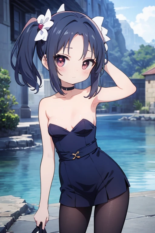 (masterpiece), (highest quality), ((Super detailed))、(super delicate)、Cute naughty Assassin girl、Pastel colors hair、medium breasts、(Thighs, fishnet pantyhose, ninja costume)、Gorgeous、short hair, (dark blue hair1.2), (naked:1.3), (forehead:1.2, bangs pinned back:1.2, asymmetrical bangs, left side ponytail:1,3), standard height, (Serious, Large eyes, yuruyuri)