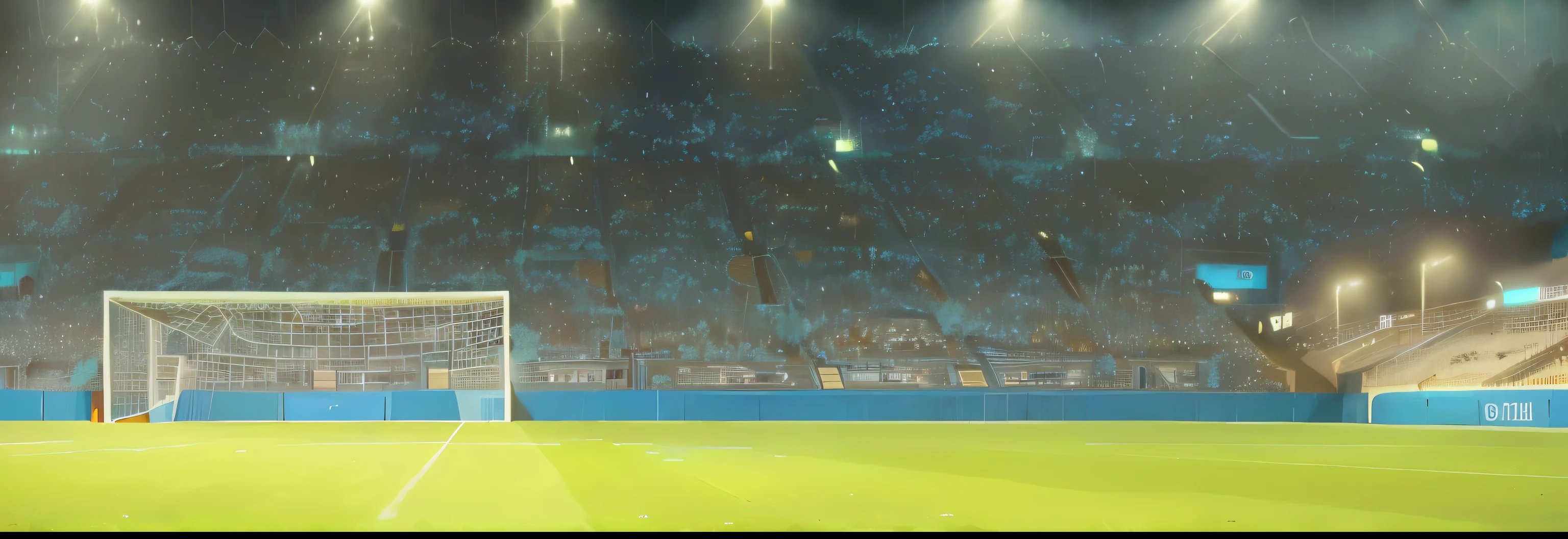 there is a soccer goal on the field in the rain, blue ground. fantasy, floodlight, on a soccer field, steven outram, pitch darkness around the post, stadium landscape, inspired by Peter Doig, malika favre, stadium setting, establishing shot, inspired by David Inshaw, halfing, conceptual, volley court background, on a football field