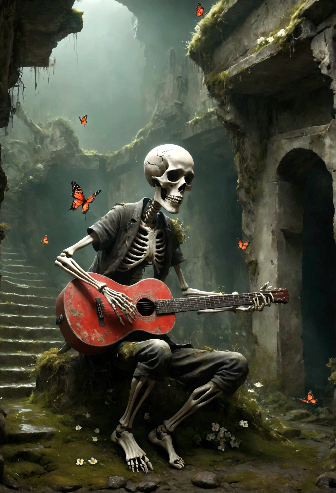 a skeletal figure playing a guitar, melancholic, desolate, moss-covered, dilapidated, squalid, (best quality,4k,8k,highres,masterpiece:1.2),ultra-detailed,(realistic,photorealistic,photo-realistic:1.37),dark fantasy,grim,moody lighting,dramatic shadows,cinematic,moody color palette,muted tones,grunge,decaying,weathered,tattered,Small white flowers,Ancient Chinese tombs,Dungeons,Cemetery,Black red,There is a broken bowl in front.,The Trail,Stairs,vine,rainwater,Swarms of glowing butterflies,A group of transparent wandering souls, Soul Wild Ghost
