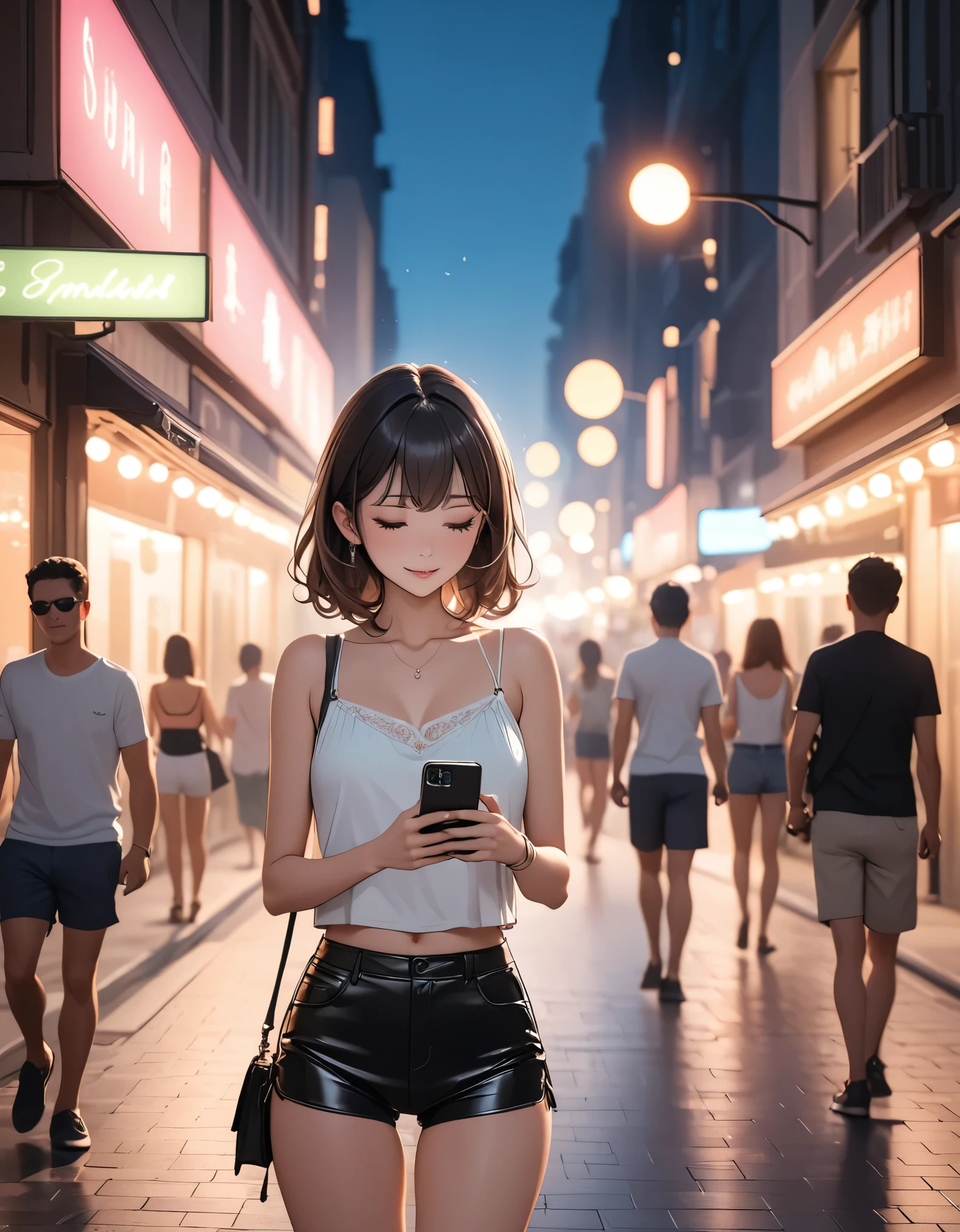 Beautiful woman, street lights at ht, Fiddling with smartphones, Hot Pants, pink, summer, feel hot, Passersby, niggradient, fine details, Subtle tones, There is a sense of tranquility in the picture. Bokeh,